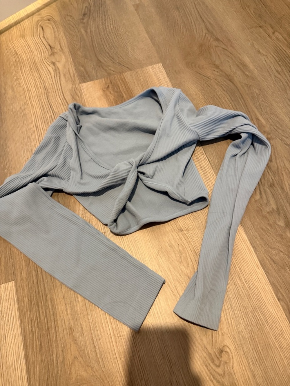 Light Blue Ribbed Twist-Front Long Sleeve Top